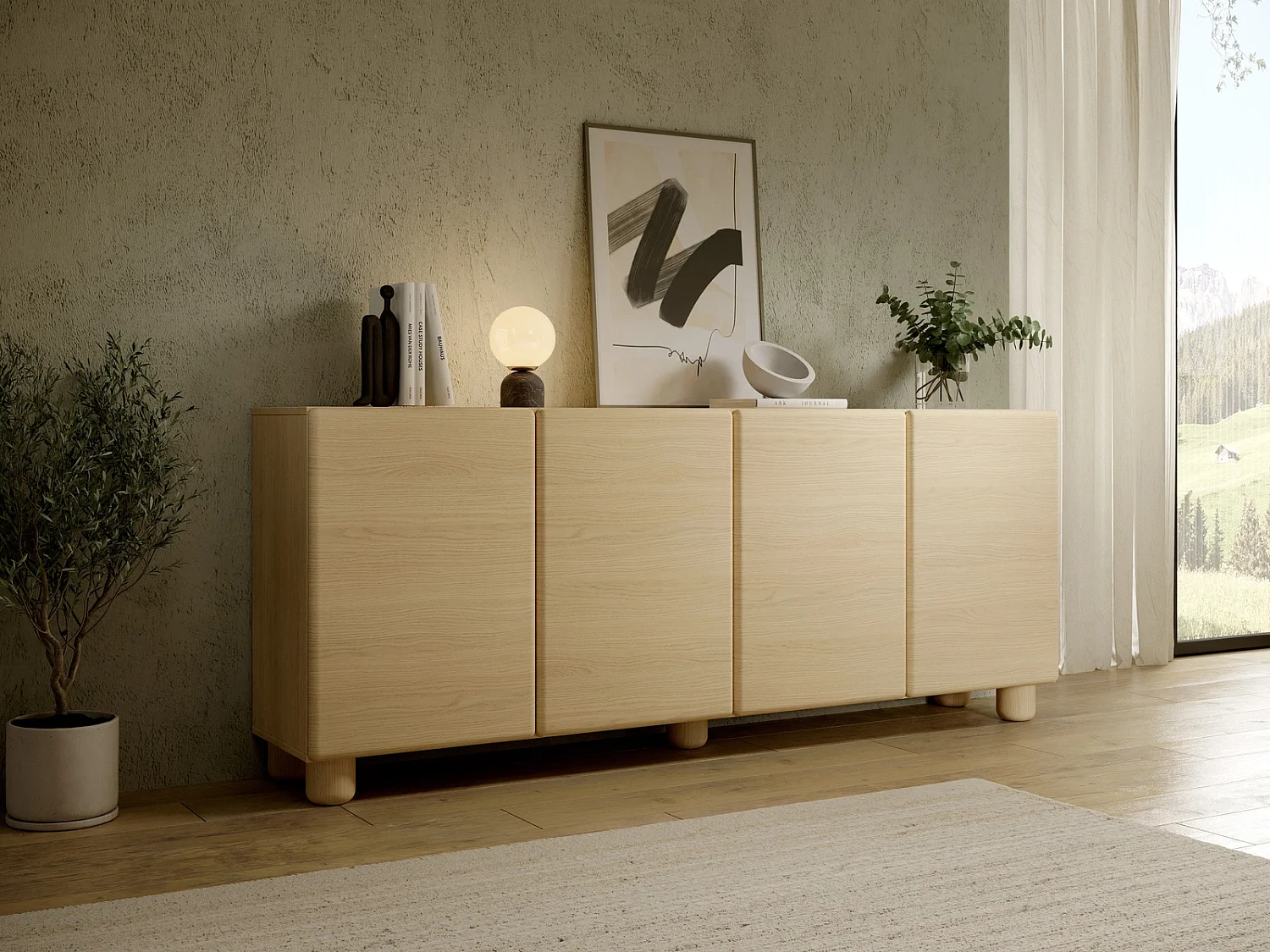 Sideboard Kommode CERVI 200 cm mit 4 Türen und abgerundeten Fronten - Eiche Vicenza