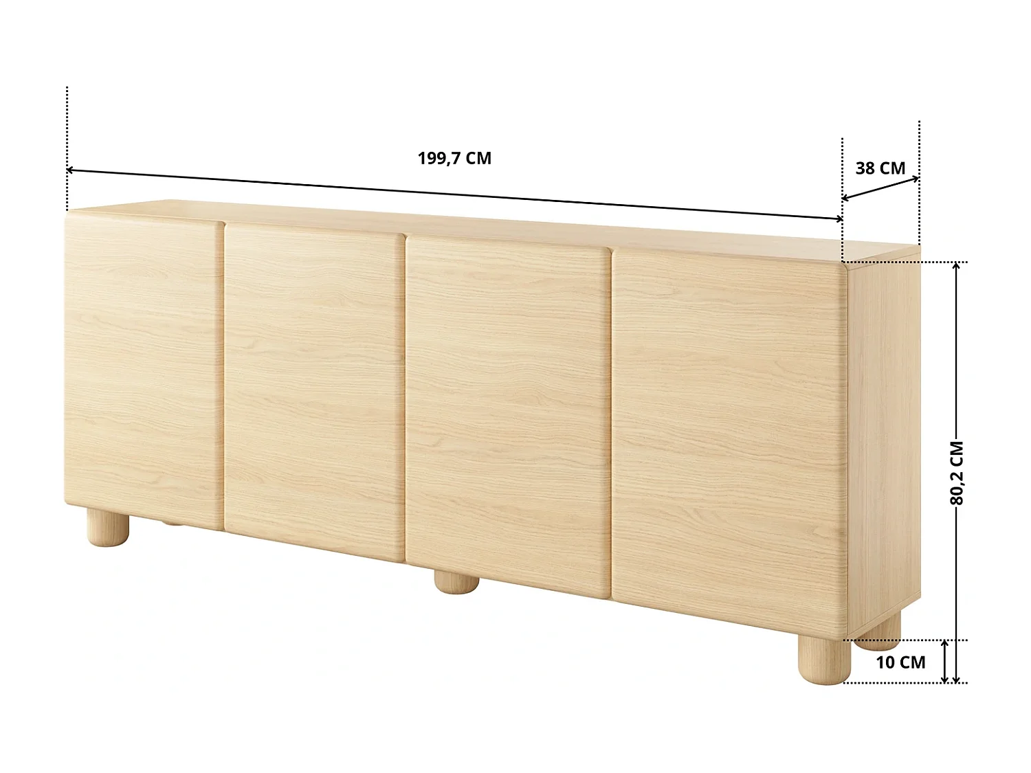 Sideboard Kommode CERVI 200 cm mit 4 Türen und abgerundeten Fronten - Eiche Vicenza