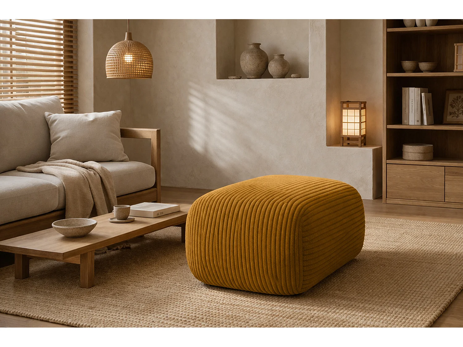 Pouf d’assise pour le salon, tissu en velours côtelé Poso, Couleur moutarde, BIS