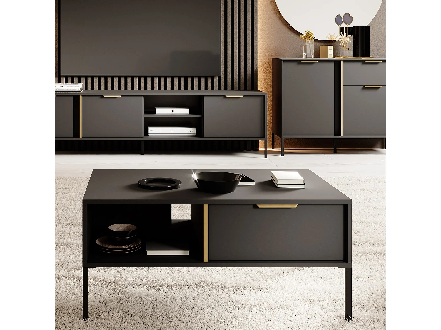 Couchtisch Valdi H 97 cm mit 2 Schubladen, offener Nische und Goldakzenten - Anthrazit