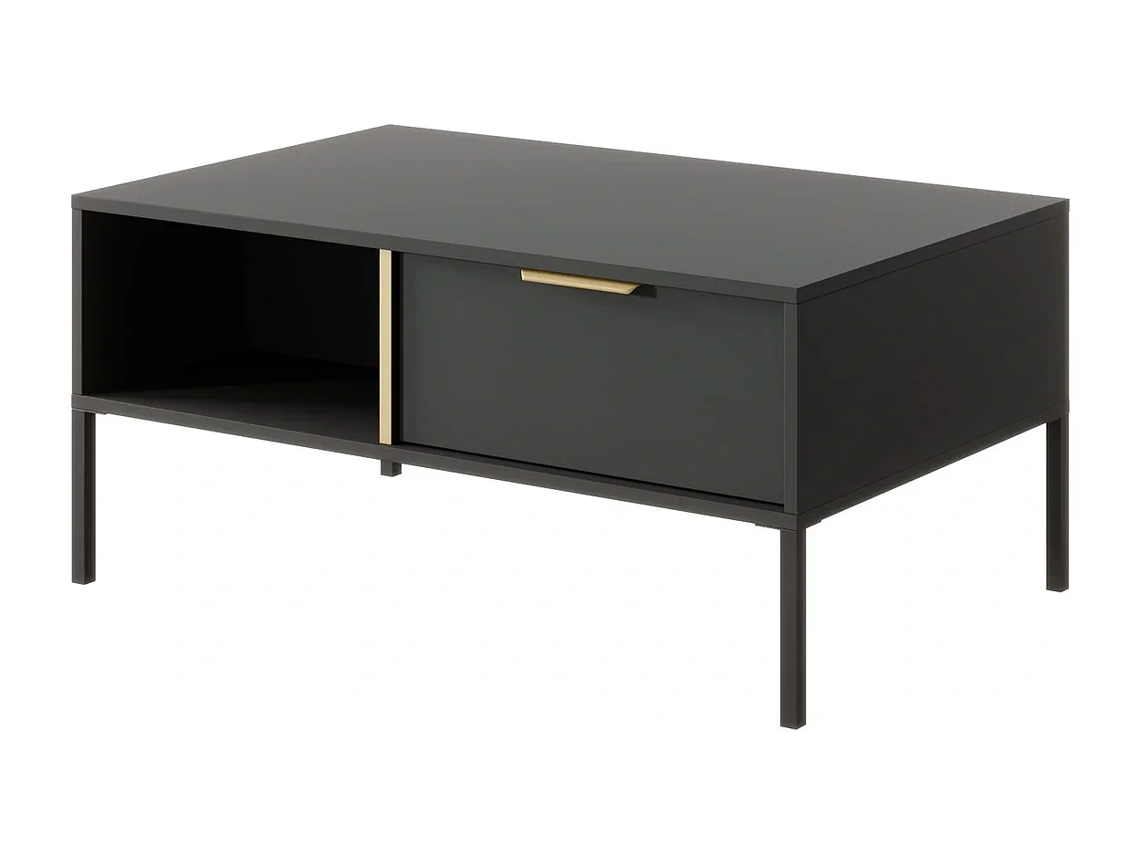 Couchtisch Valdi H 97 cm mit 2 Schubladen, offener Nische und Goldakzenten - Anthrazit