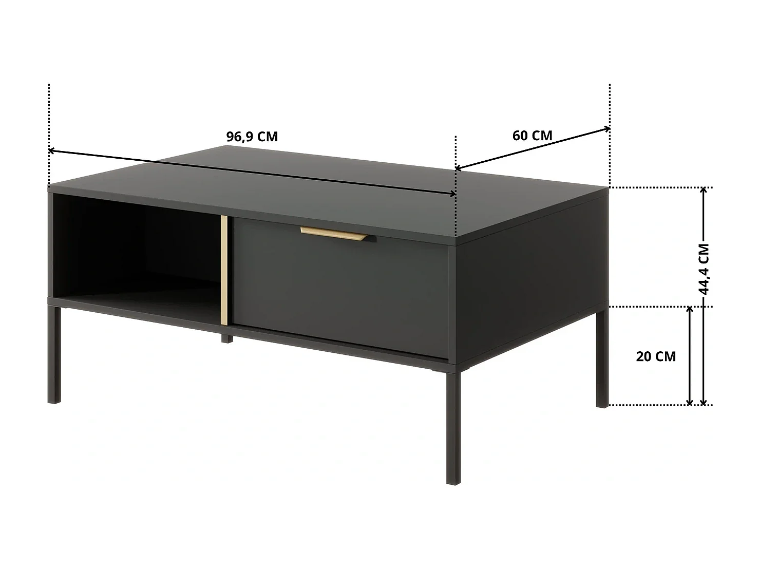 Couchtisch Valdi H 97 cm mit 2 Schubladen, offener Nische und Goldakzenten - Anthrazit