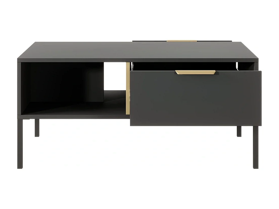 Couchtisch Valdi H 97 cm mit 2 Schubladen, offener Nische und Goldakzenten - Anthrazit