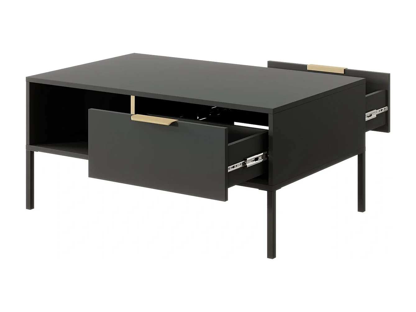 Couchtisch Valdi H 97 cm mit 2 Schubladen, offener Nische und Goldakzenten - Anthrazit