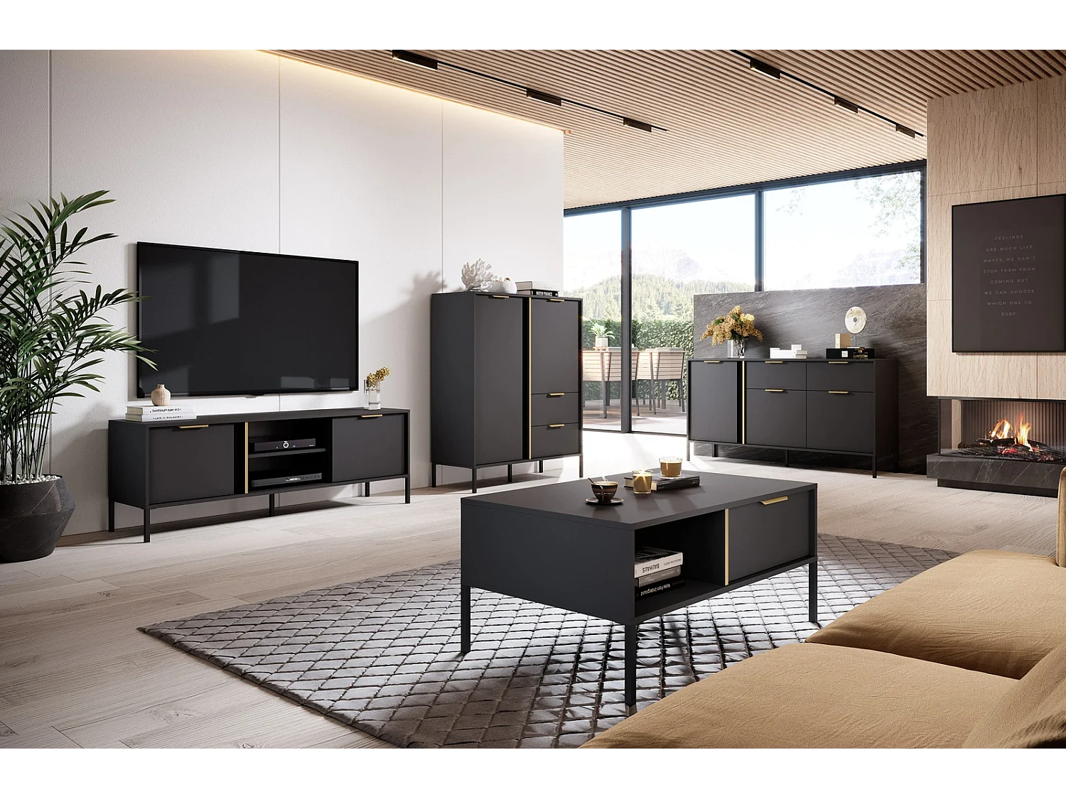 Couchtisch Valdi H 97 cm mit 2 Schubladen, offener Nische und Goldakzenten - Anthrazit