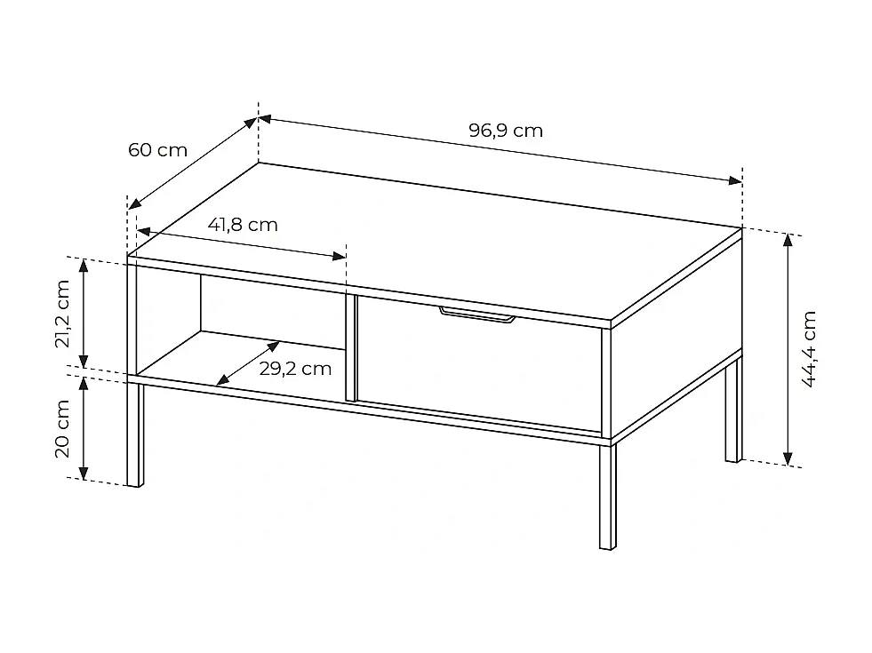 Couchtisch Valdi H 97 cm mit 2 Schubladen, offener Nische und Goldakzenten - Anthrazit