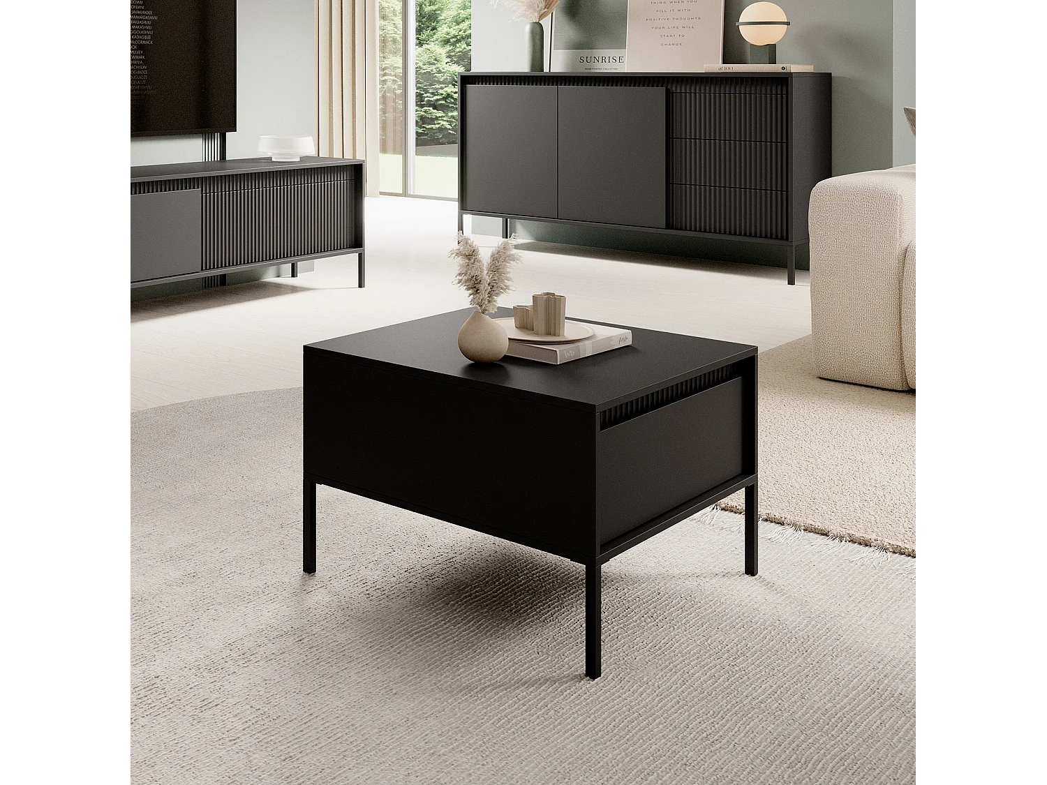 Couchtisch Ferrato F 68 cm Quadratisch mit einer Schublade und Riffel-Detail - Schwarz Matt