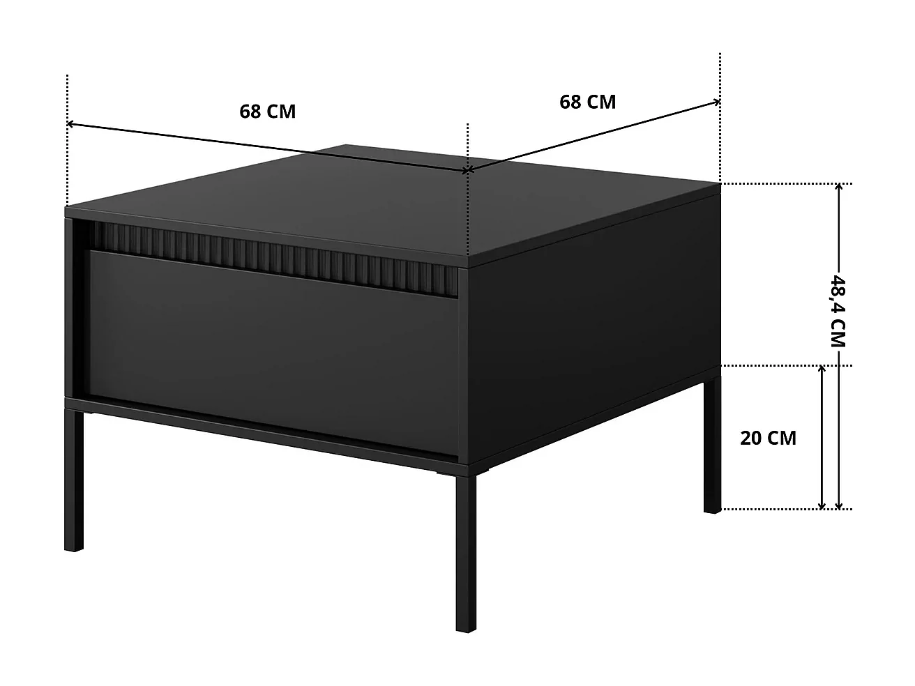 Couchtisch Ferrato F 68 cm Quadratisch mit einer Schublade und Riffel-Detail - Schwarz Matt