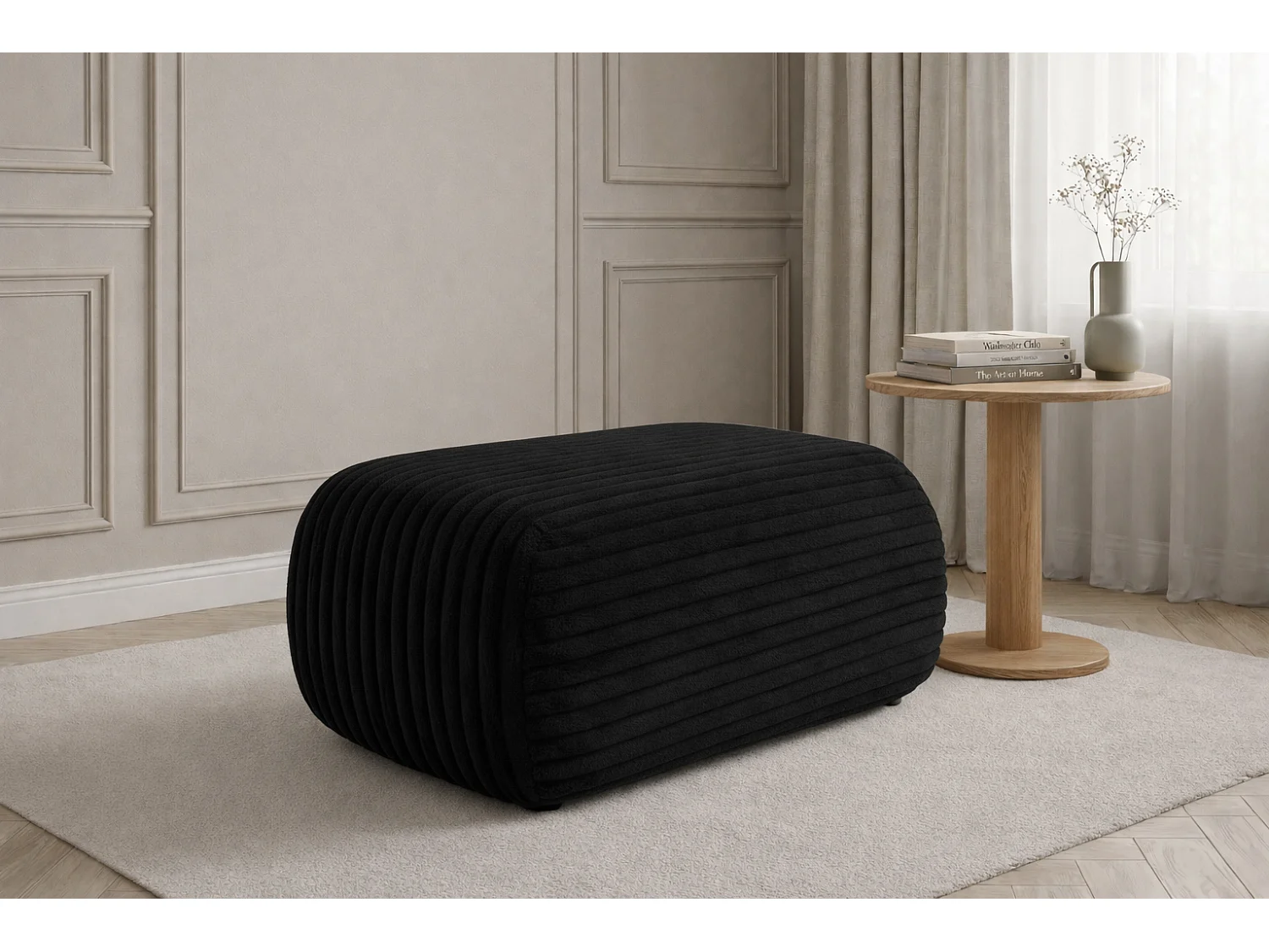 Hocker Sitzpouf für Wohnzimmer, Cordstoff Tilia, Schwarz, BIS