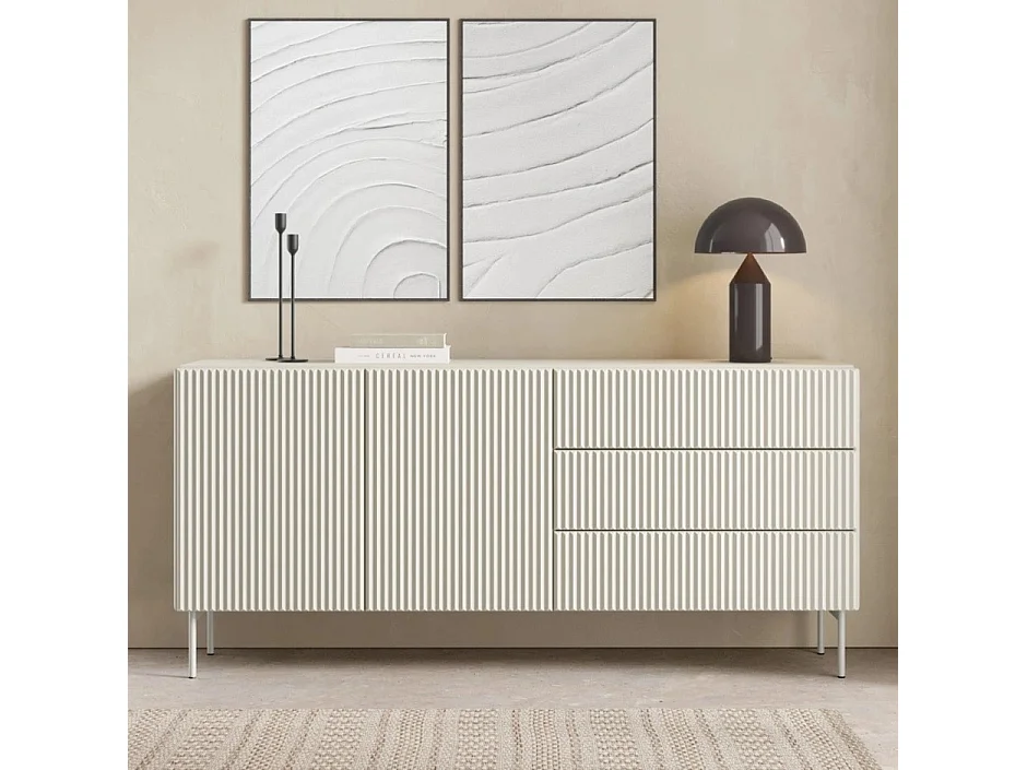 Dressoir MUTI 177 cm - Kasjmier Kleur, 2 Deuren (links) en 3 Lades (rechts) met Geribbelde Fronten