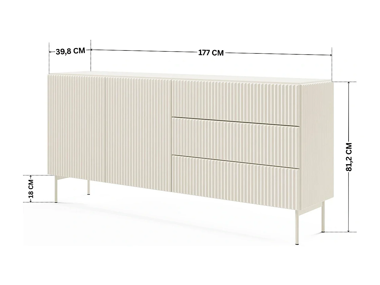 Dressoir MUTI 177 cm - Kasjmier Kleur, 2 Deuren (links) en 3 Lades (rechts) met Geribbelde Fronten