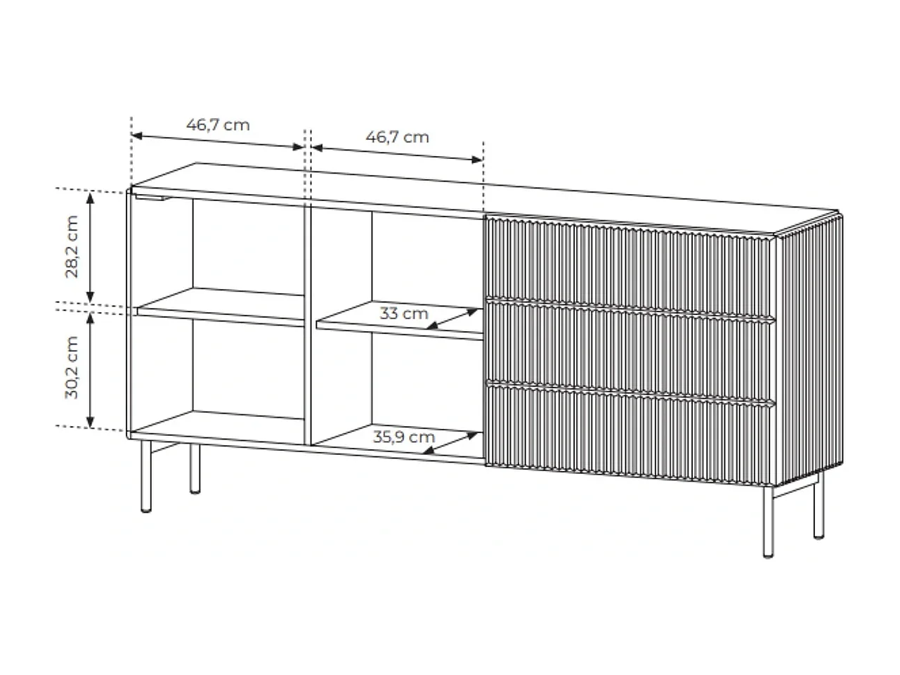 Dressoir MUTI 177 cm - Kasjmier Kleur, 2 Deuren (links) en 3 Lades (rechts) met Geribbelde Fronten
