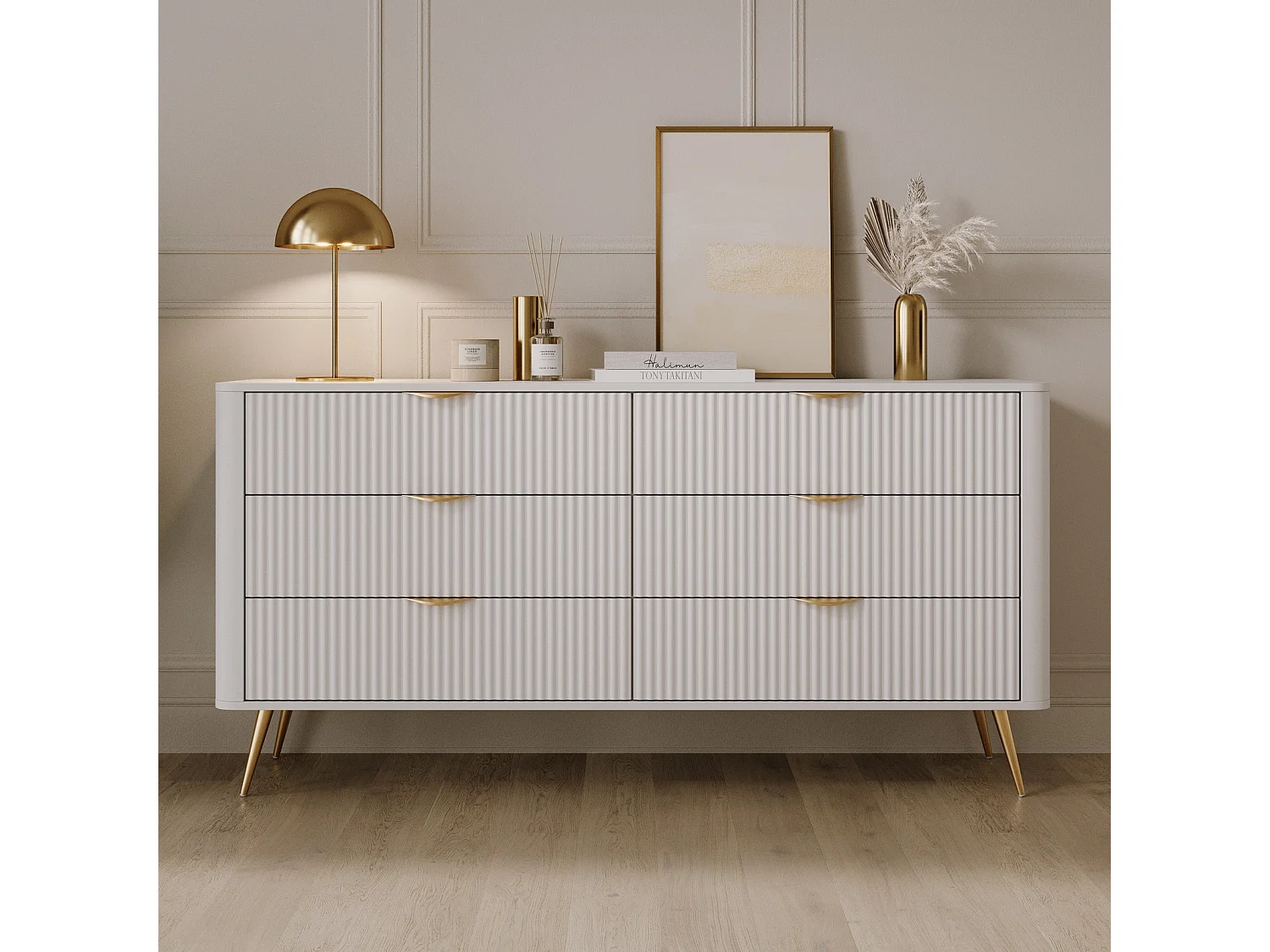 Dressoir Commode Flore 6S met Geroffelde Fronten en Gouden Poten - Wit en Goud
