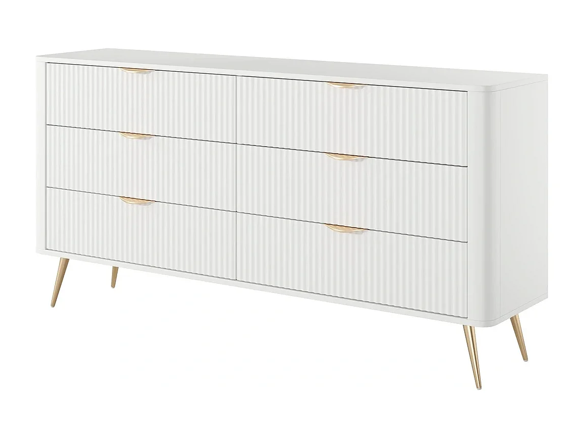 Dressoir Commode Flore 6S met Geroffelde Fronten en Gouden Poten - Wit en Goud