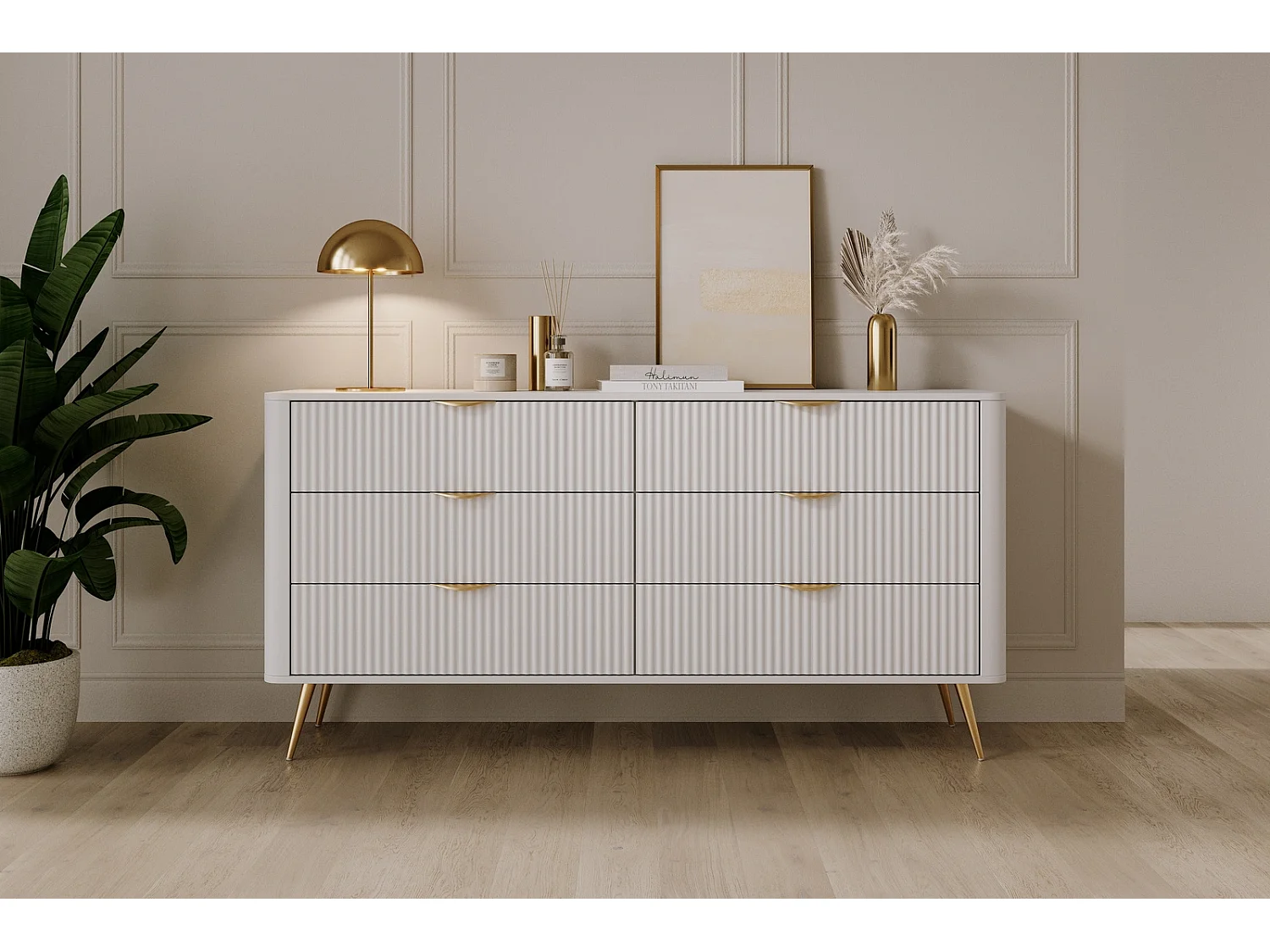Dressoir Commode Flore 6S met Geroffelde Fronten en Gouden Poten - Wit en Goud