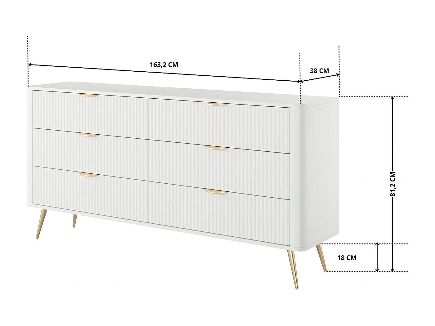 Dressoir Commode Flore 6S met Geroffelde Fronten en Gouden Poten - Wit en Goud