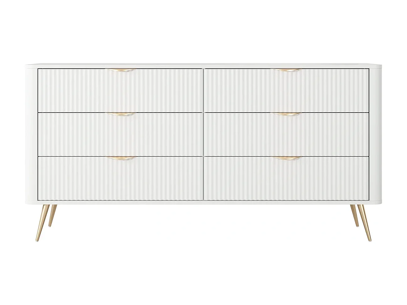 Dressoir Commode Flore 6S met Geroffelde Fronten en Gouden Poten - Wit en Goud