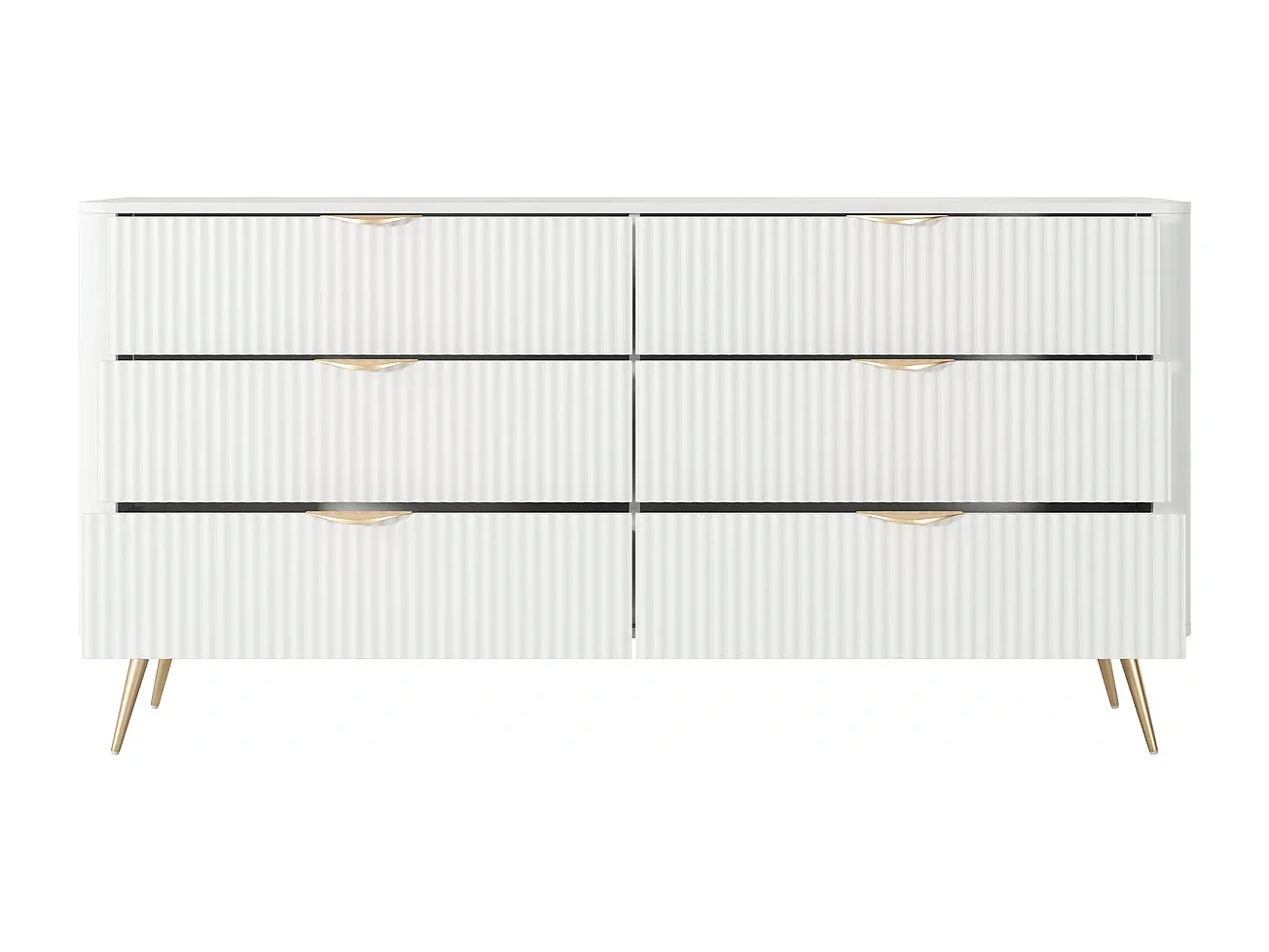 Dressoir Commode Flore 6S met Geroffelde Fronten en Gouden Poten - Wit en Goud