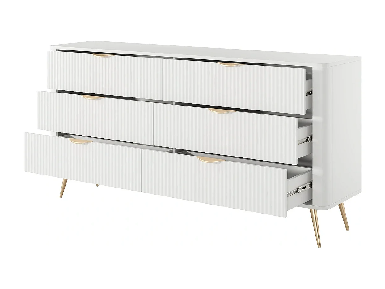Dressoir Commode Flore 6S met Geroffelde Fronten en Gouden Poten - Wit en Goud