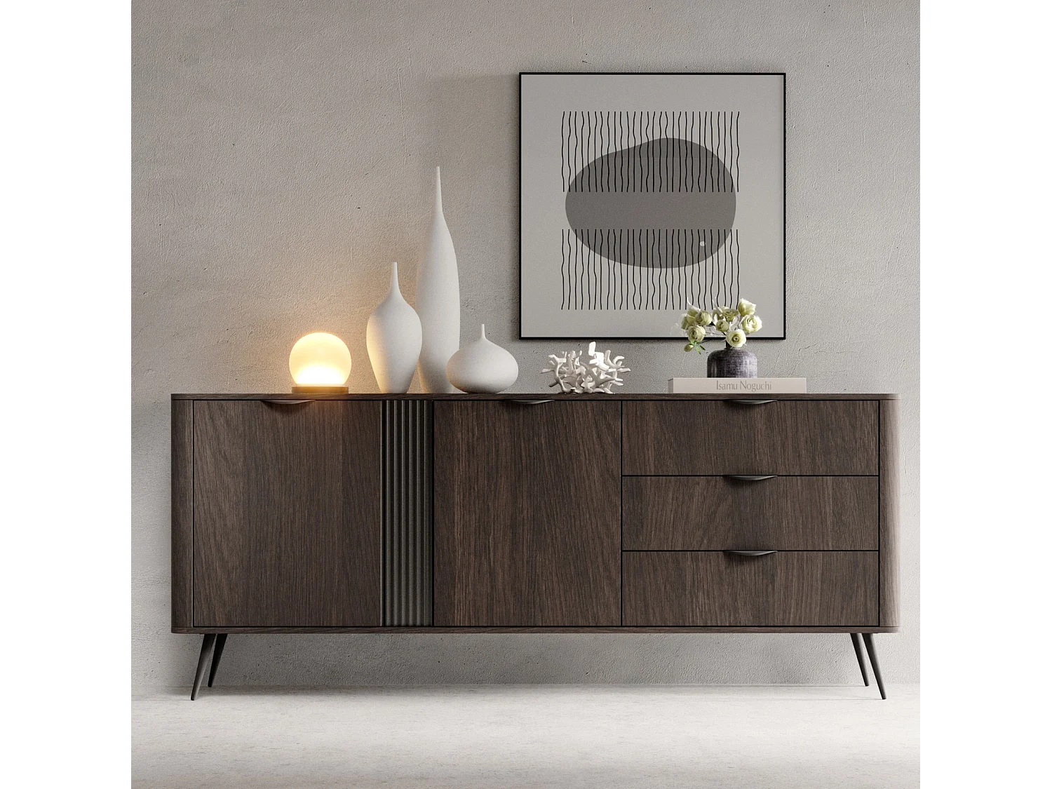 Dressoir Terzo 2D 3S met Laden en Geroffeld Decor - Eiken Dunin en Zwart