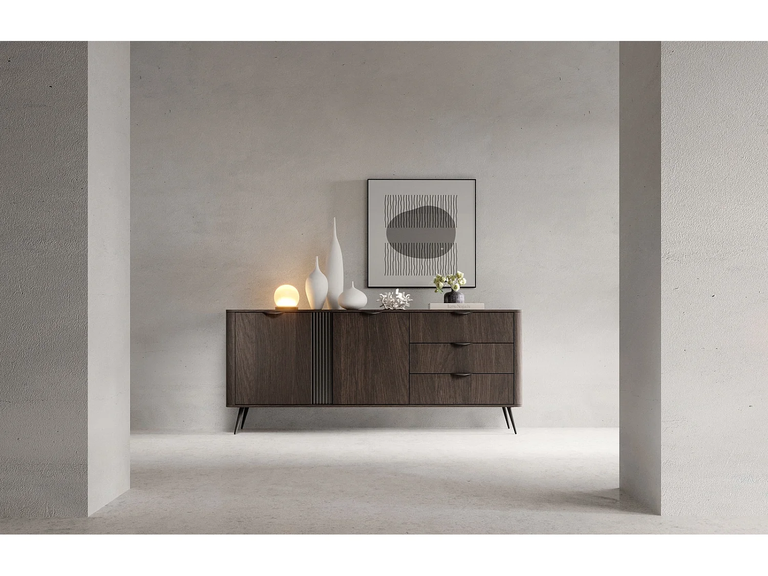 Dressoir Terzo 2D 3S met Laden en Geroffeld Decor - Eiken Dunin en Zwart