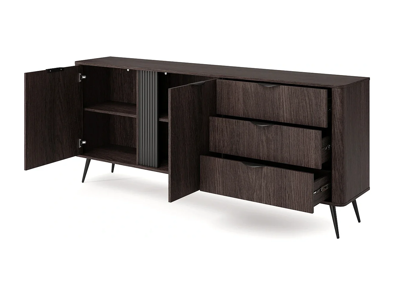 Dressoir Terzo 2D 3S met Laden en Geroffeld Decor - Eiken Dunin en Zwart