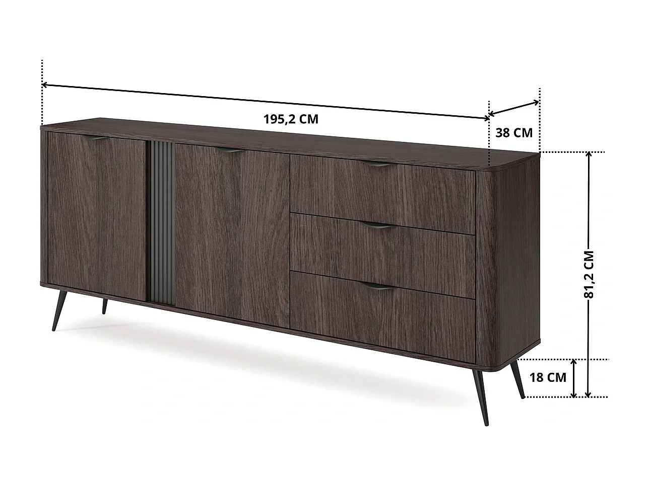 Dressoir Terzo 2D 3S met Laden en Geroffeld Decor - Eiken Dunin en Zwart