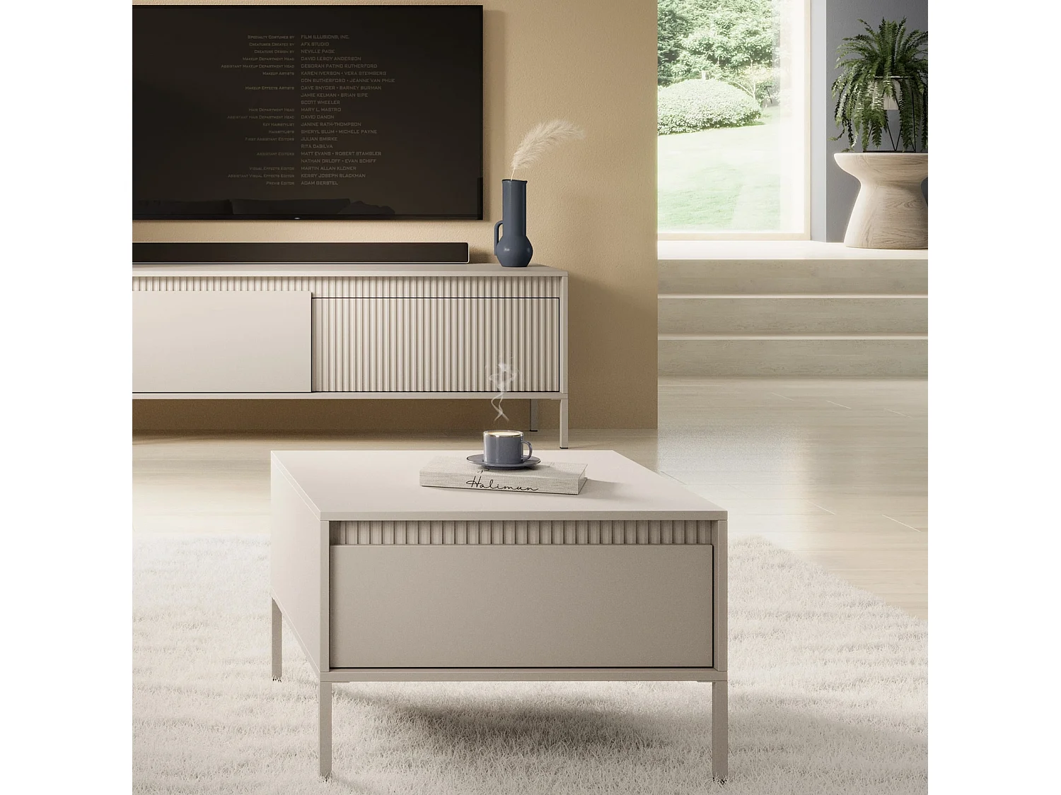 Couchtisch Ferrato F 68 cm mit einer Schublade, geriffelten Details i Metallbeinen - Beige