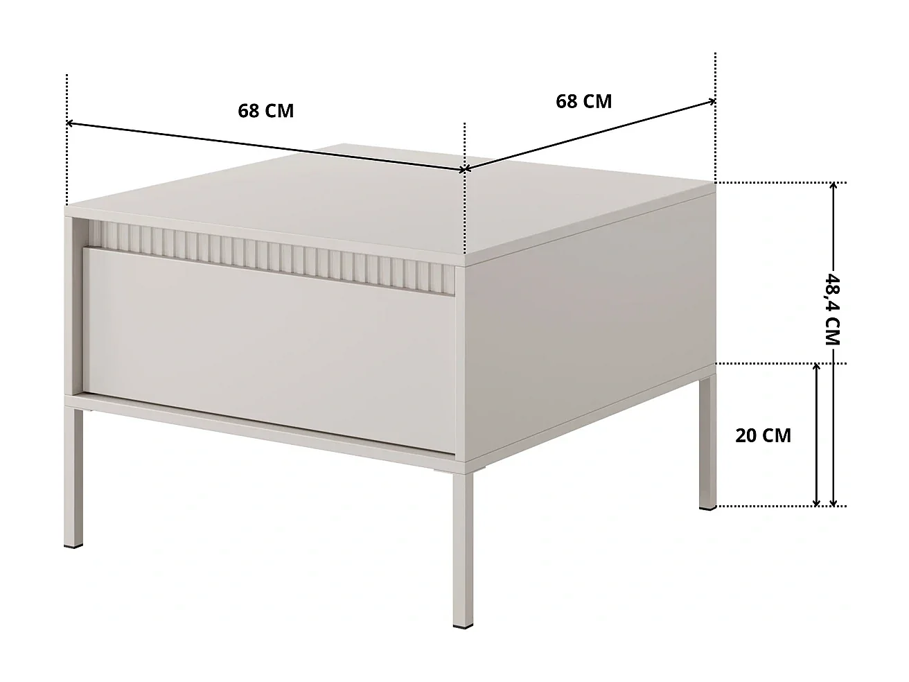 Couchtisch Ferrato F 68 cm mit einer Schublade, geriffelten Details i Metallbeinen - Beige