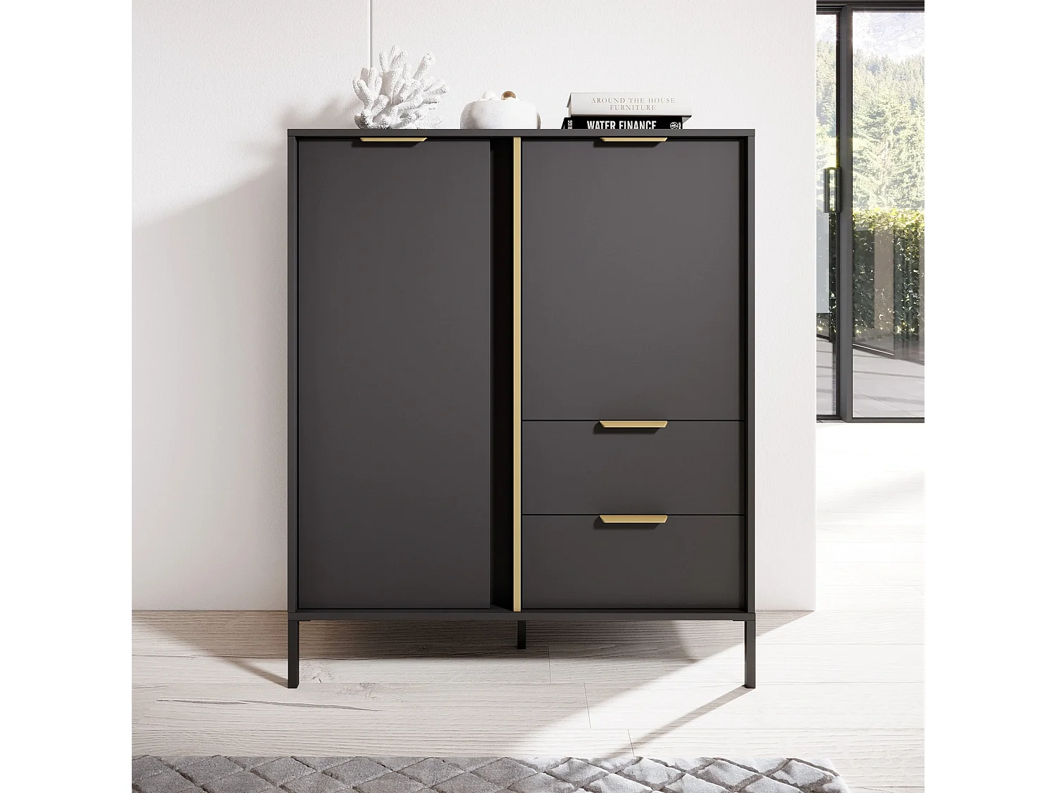Highboard Hochkommode Valdi A 2D2S mit Goldakzenten und Metallbeinen - Anthrazit - 103 cm