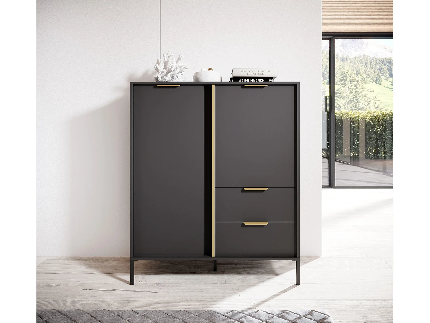 Highboard Hochkommode Valdi A 2D2S mit Goldakzenten und Metallbeinen - Anthrazit - 103 cm