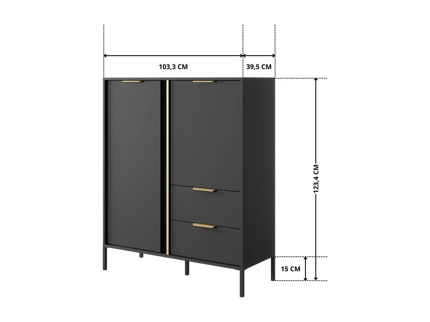 Highboard Hochkommode Valdi A 2D2S mit Goldakzenten und Metallbeinen - Anthrazit - 103 cm