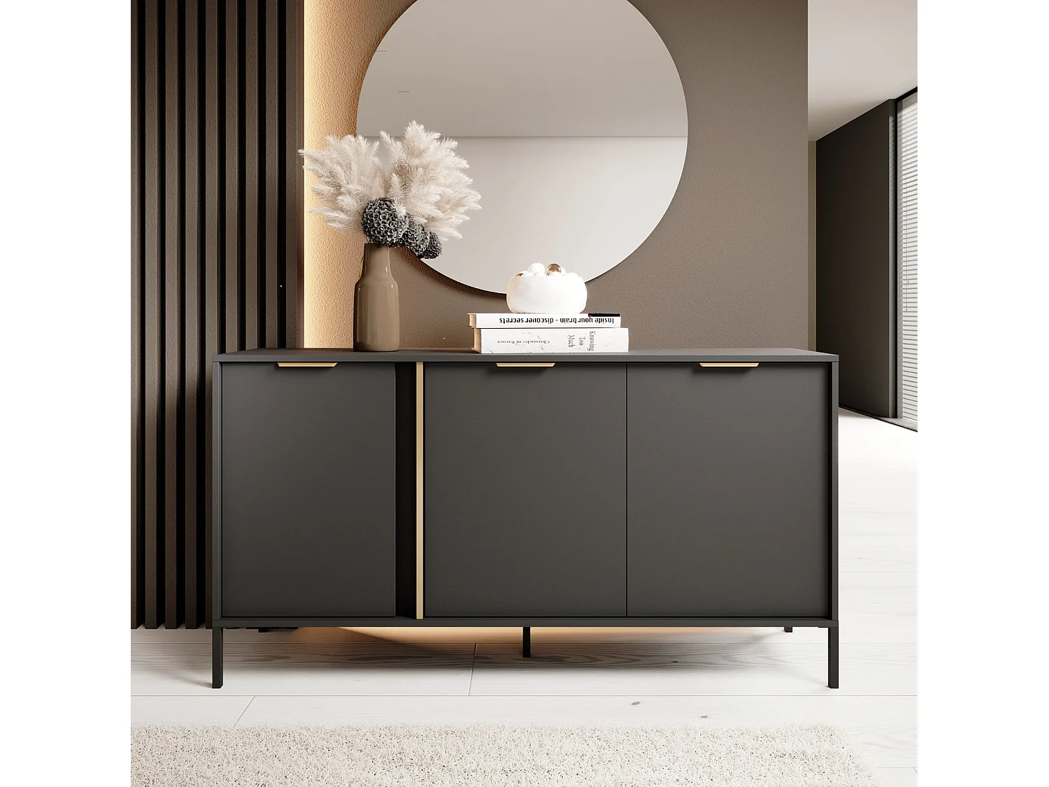 Dressoir Commode Valdi C 3 Deuren met Gouden Details en Metalen Poten - Antraciet - 153 cm