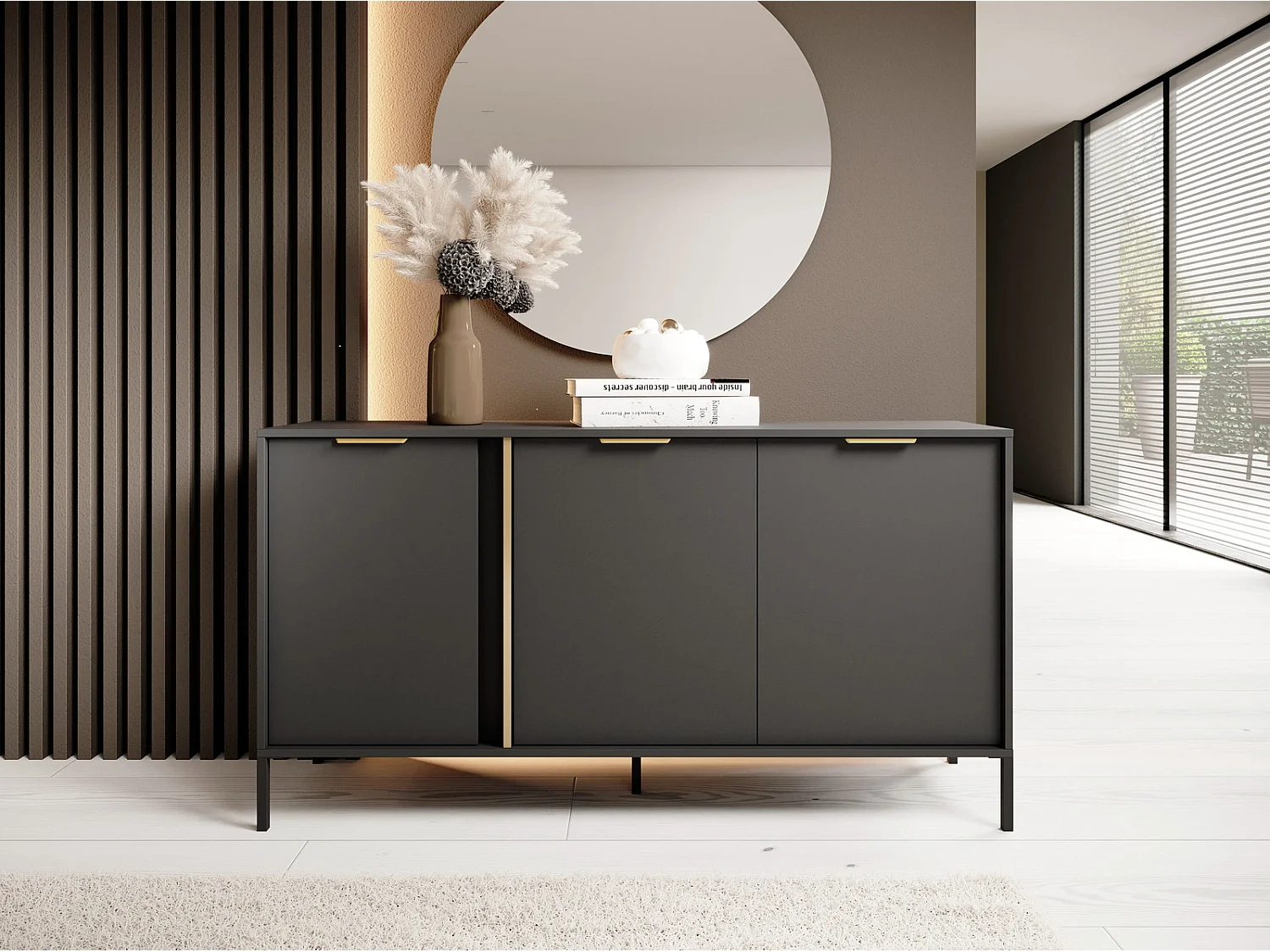 Dressoir Commode Valdi C 3 Deuren met Gouden Details en Metalen Poten - Antraciet - 153 cm