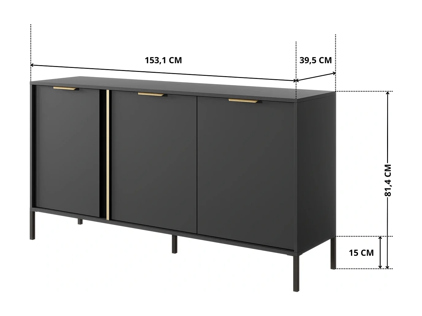 Dressoir Commode Valdi C 3 Deuren met Gouden Details en Metalen Poten - Antraciet - 153 cm