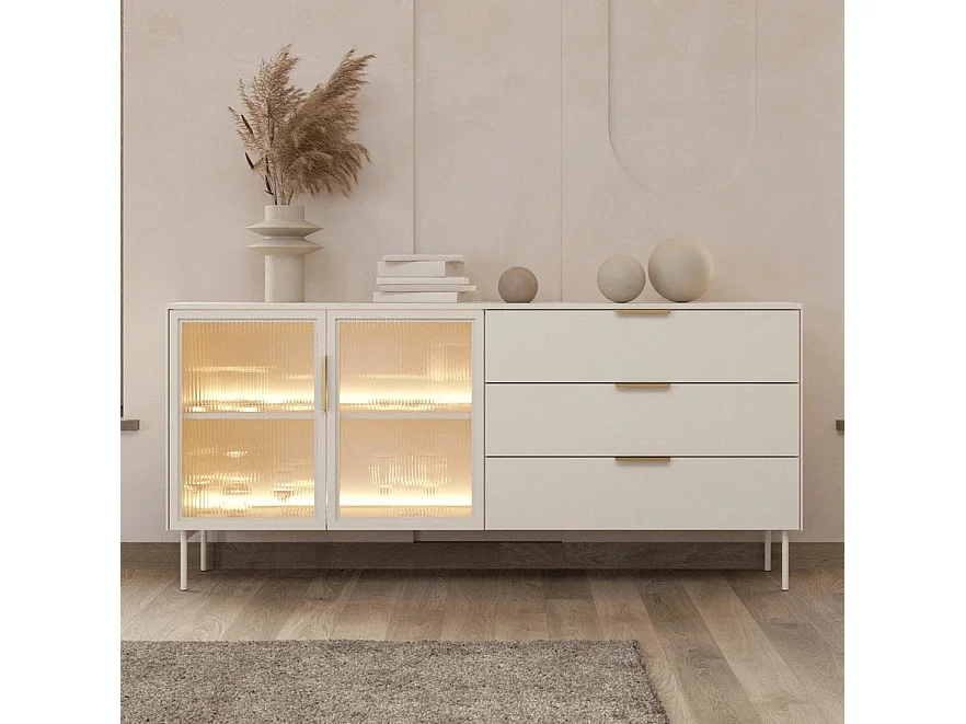 Dressoir LUMI 181 cm - Kasjmier Kleur, 2 Glazen Deuren (links) en 3 Lades (rechts) met LED
