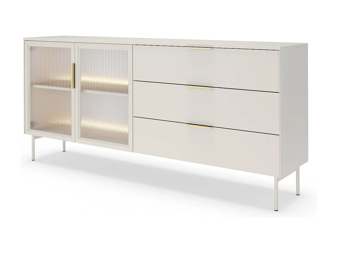 Dressoir LUMI 181 cm - Kasjmier Kleur, 2 Glazen Deuren (links) en 3 Lades (rechts) met LED