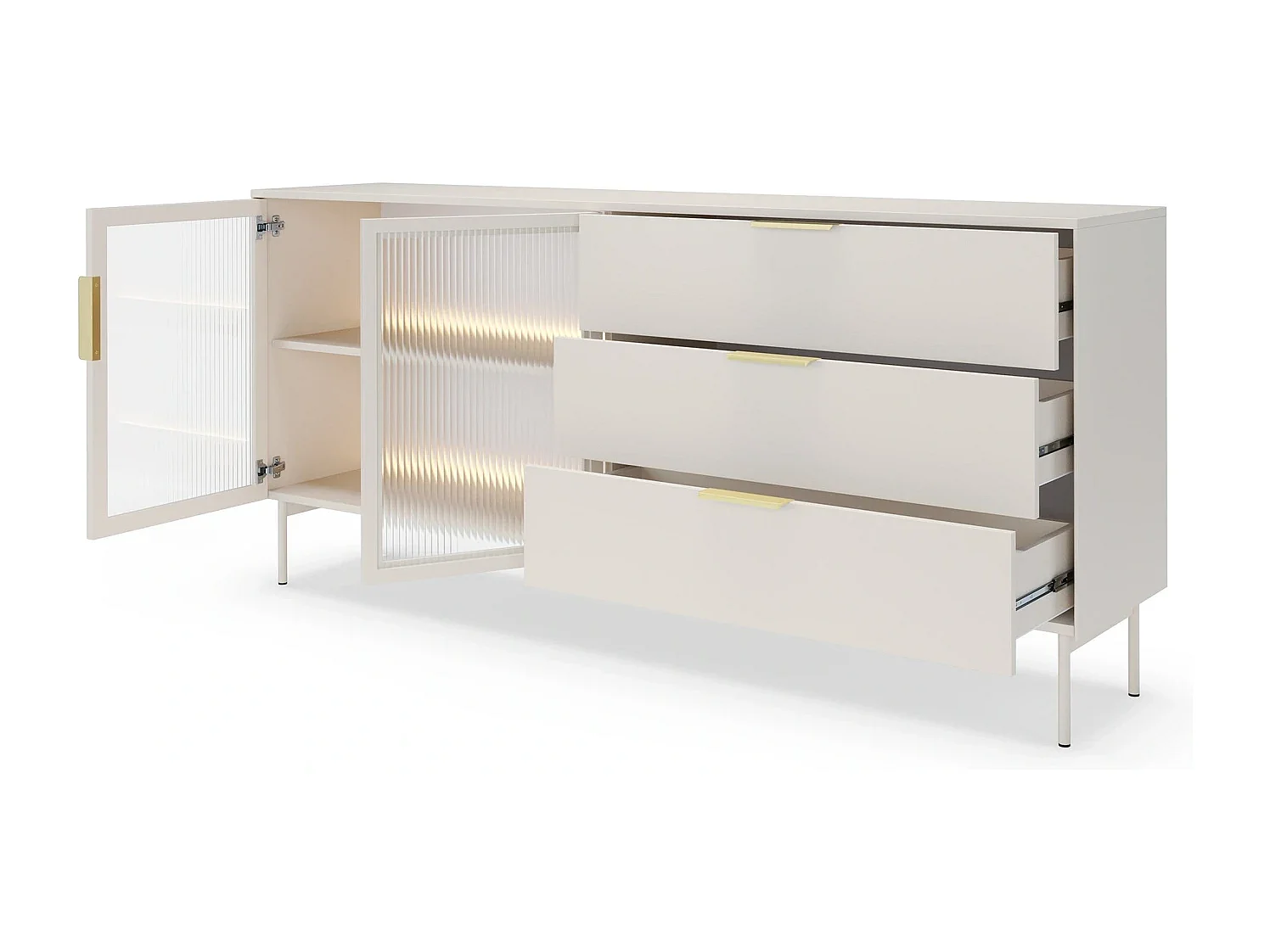 Dressoir LUMI 181 cm - Kasjmier Kleur, 2 Glazen Deuren (links) en 3 Lades (rechts) met LED
