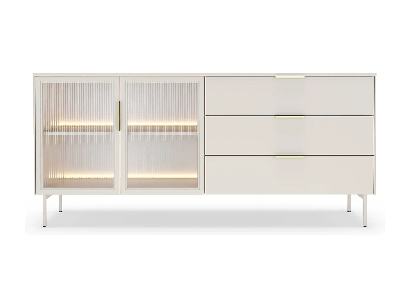 Dressoir LUMI 181 cm - Kasjmier Kleur, 2 Glazen Deuren (links) en 3 Lades (rechts) met LED