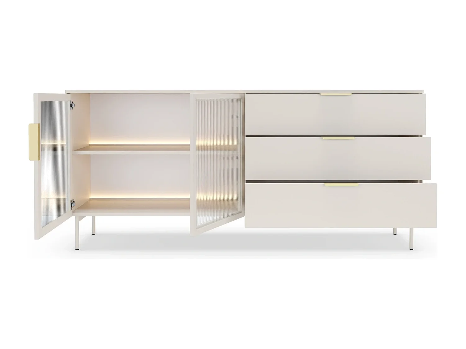 Dressoir LUMI 181 cm - Kasjmier Kleur, 2 Glazen Deuren (links) en 3 Lades (rechts) met LED