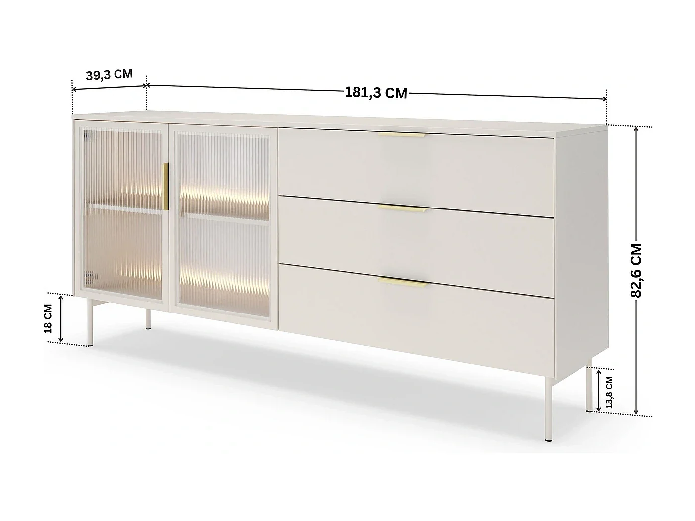 Dressoir LUMI 181 cm - Kasjmier Kleur, 2 Glazen Deuren (links) en 3 Lades (rechts) met LED