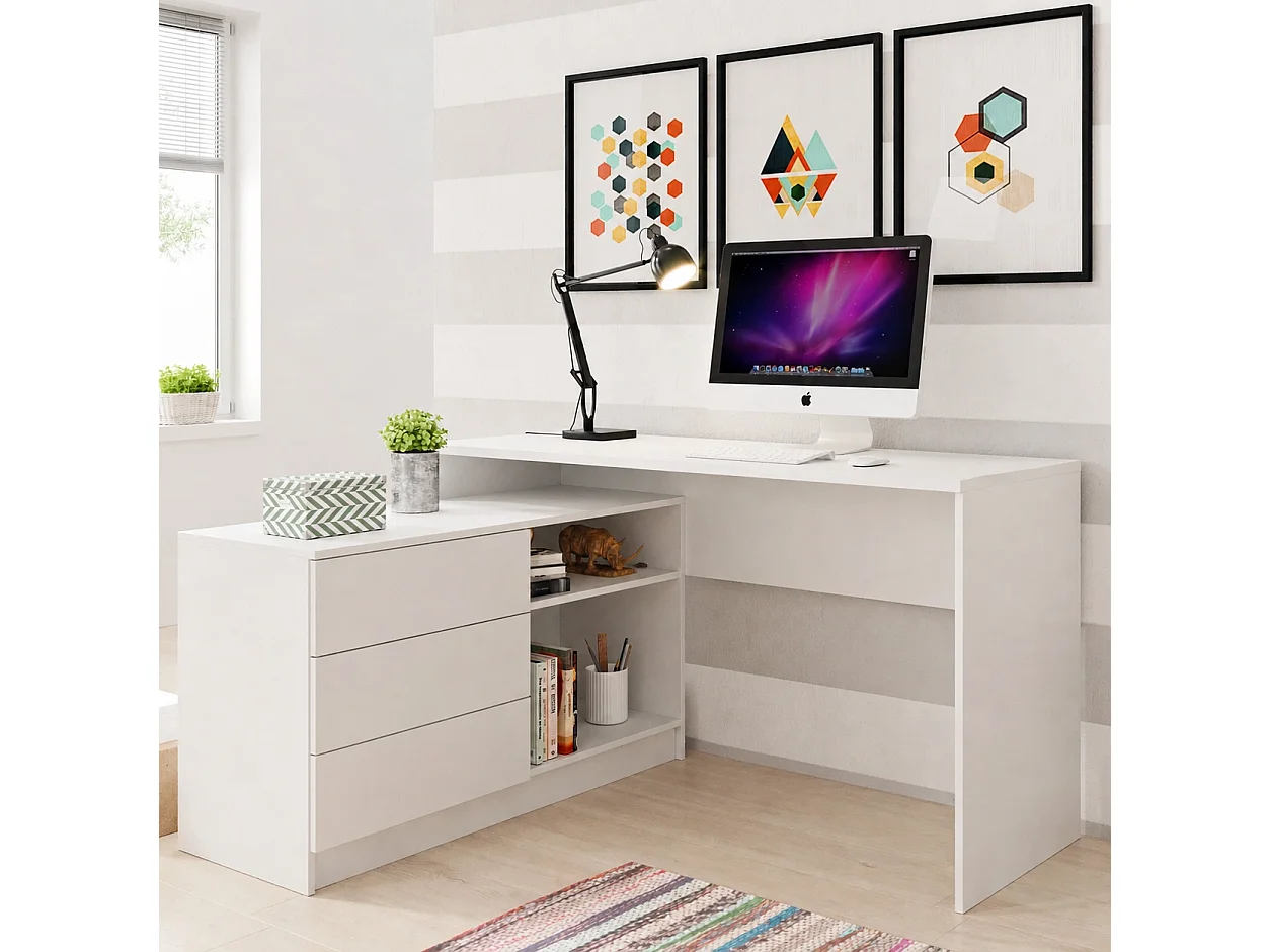 Bureau KAJA 138 cm met Zijmodule, 3 Laden, 2 Open Vakken en Universele Montage - Wit Mat