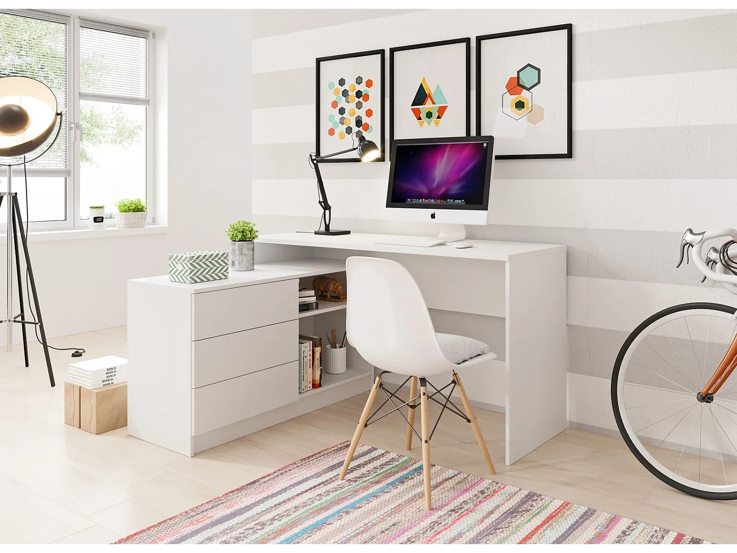 Bureau KAJA 138 cm met Zijmodule, 3 Laden, 2 Open Vakken en Universele Montage - Wit Mat