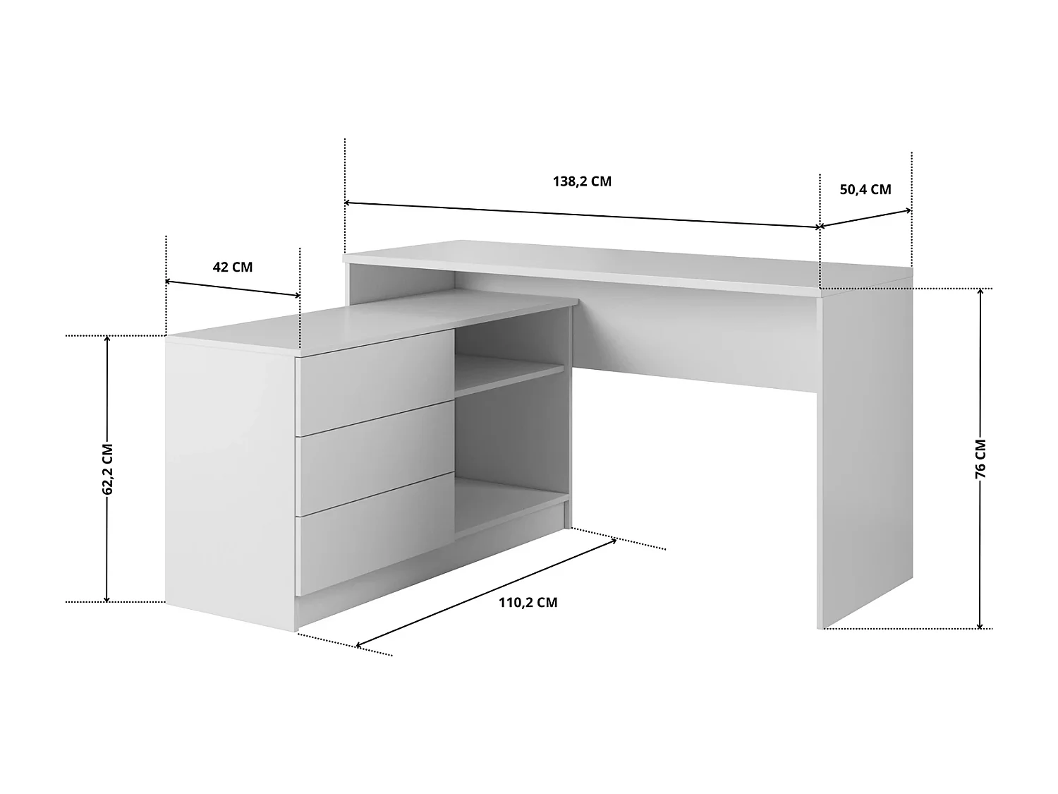 Bureau KAJA 138 cm met Zijmodule, 3 Laden, 2 Open Vakken en Universele Montage - Wit Mat