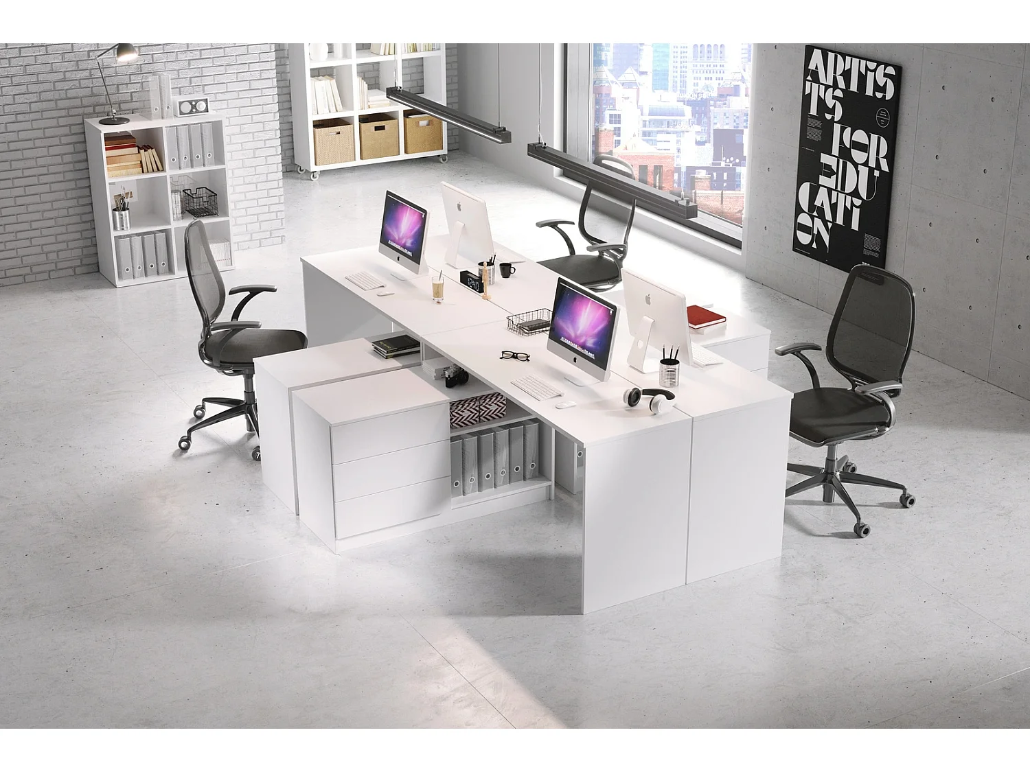Bureau KAJA 138 cm met Zijmodule, 3 Laden, 2 Open Vakken en Universele Montage - Wit Mat