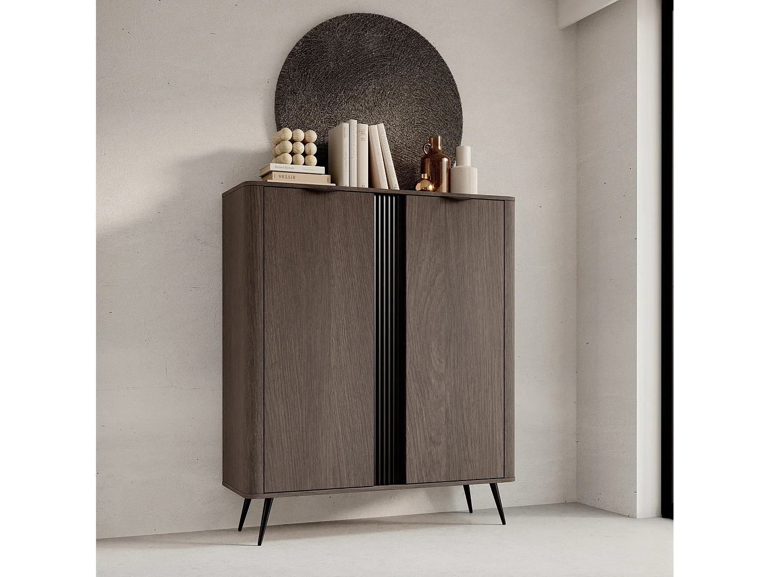 Highboard Terzo 2D mit Türen und Rillendekor - Eiche Dunin und Schwarz