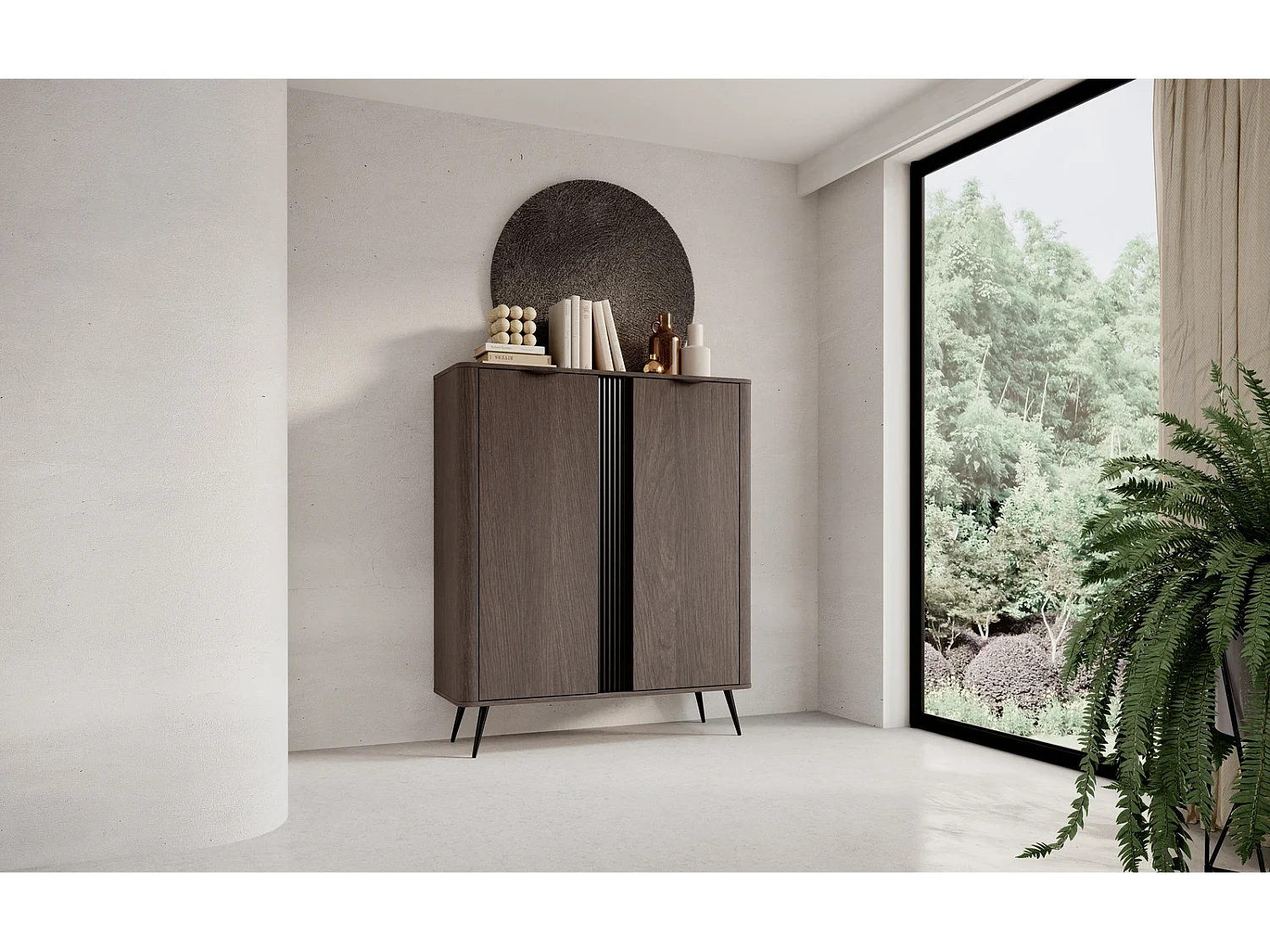 Highboard Terzo 2D mit Türen und Rillendekor - Eiche Dunin und Schwarz