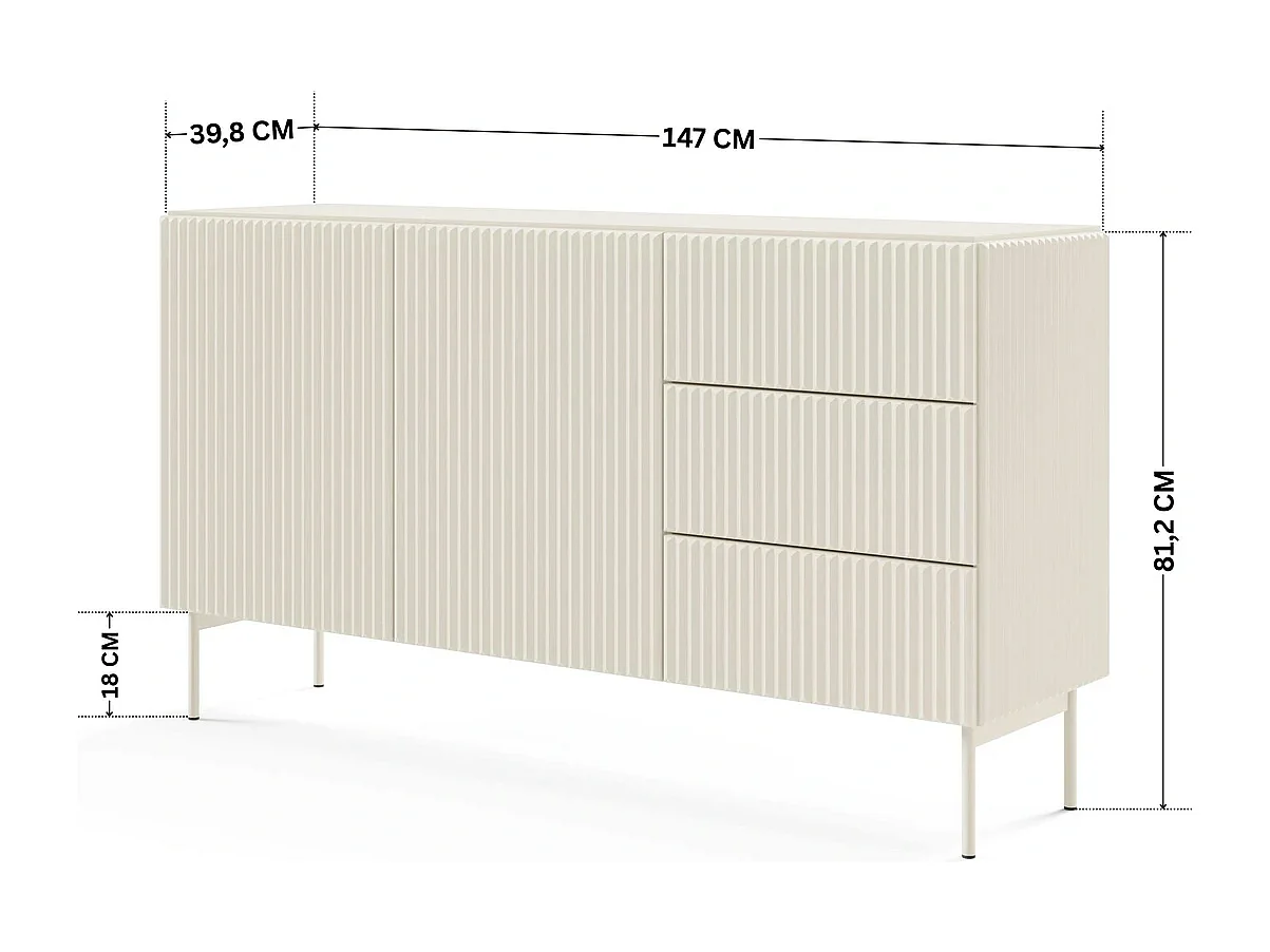 Dressoir MUTI 147 cm - Kasjmier Kleur, 2 Deuren (links) en 3 Lades (rechts) met Geribbelde Fronten