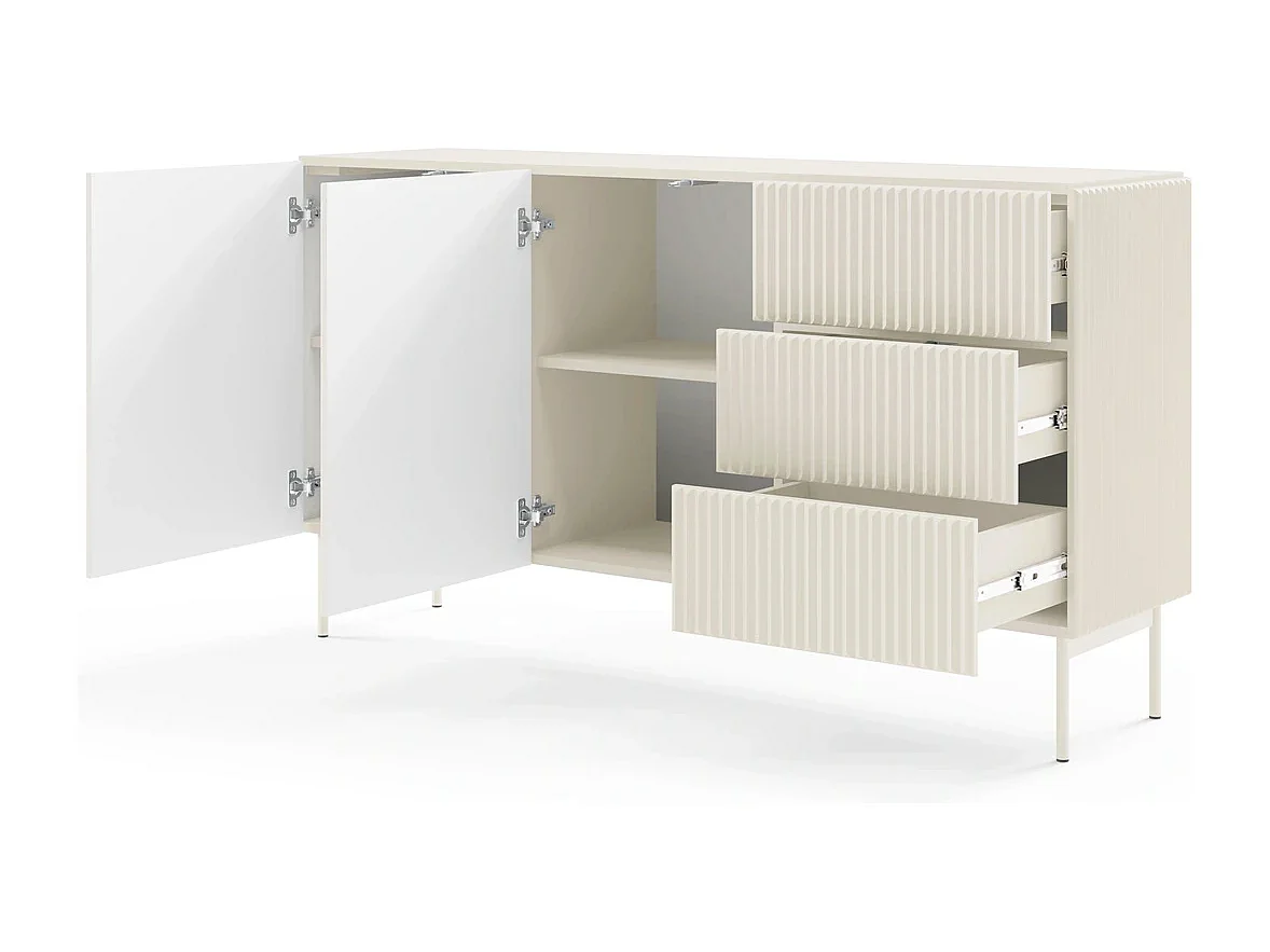 Dressoir MUTI 147 cm - Kasjmier Kleur, 2 Deuren (links) en 3 Lades (rechts) met Geribbelde Fronten