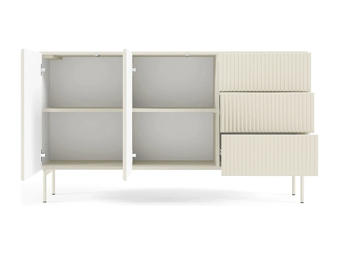 Dressoir MUTI 147 cm - Kasjmier Kleur, 2 Deuren (links) en 3 Lades (rechts) met Geribbelde Fronten